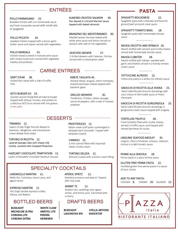 Piazza Italia Menus Pasta, Pizza, Fine Dining, Pastries & a KETO Menu!
